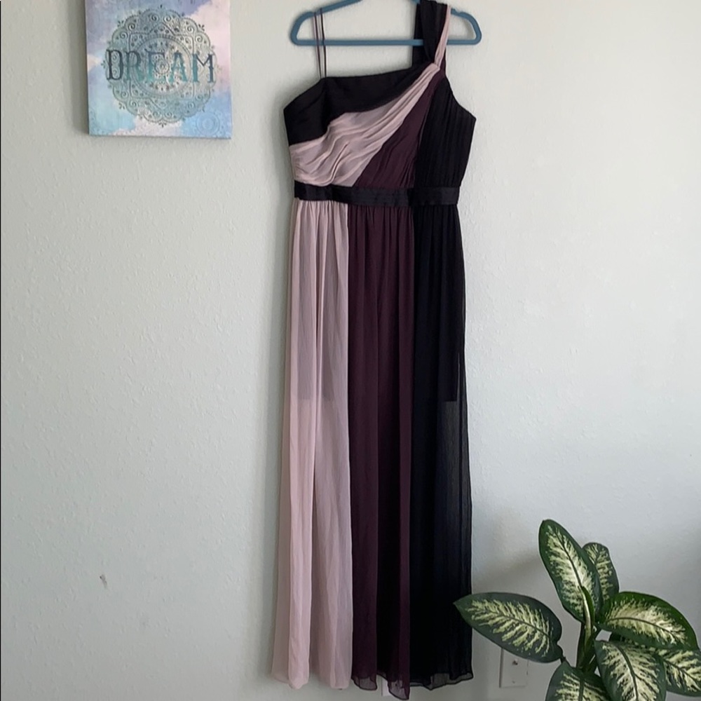 Max and Cleo formal color block one shoulder gown